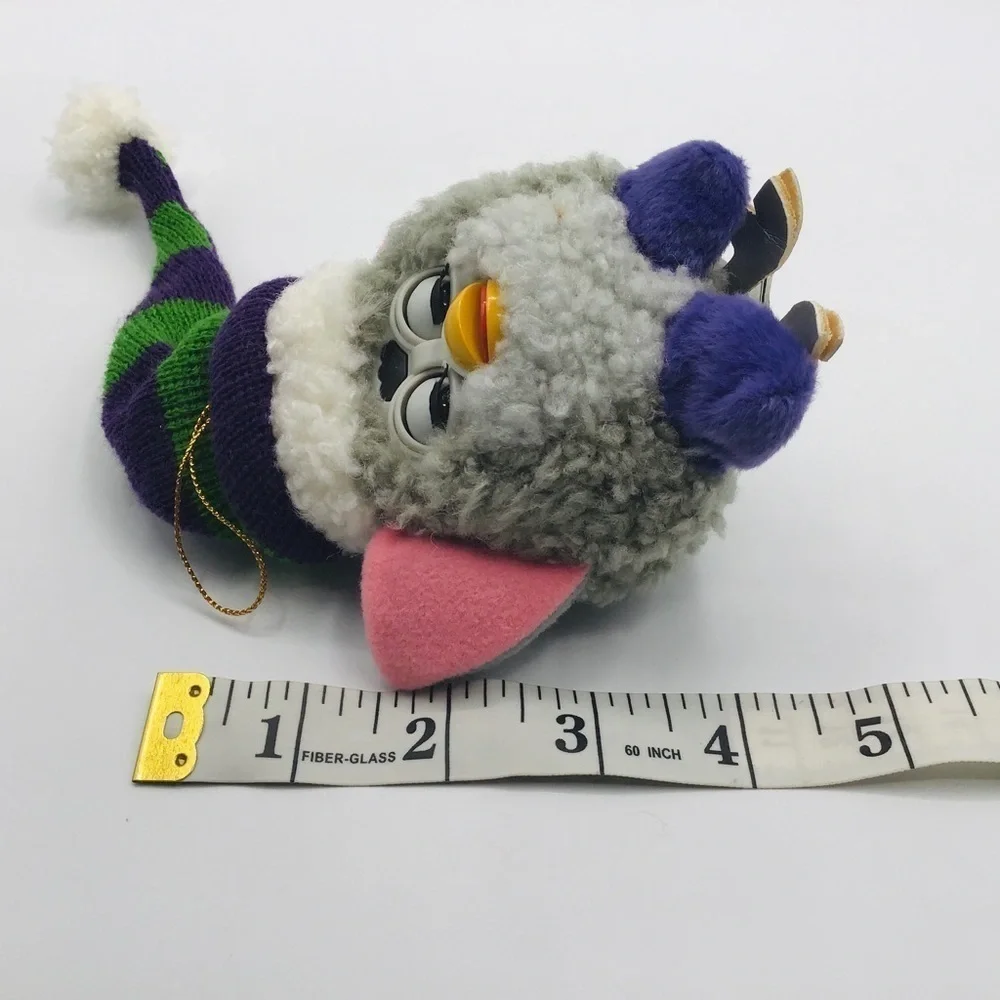 Vtg Furby Christmas Ornament Plush Stuffed Gray Santa Hat Xmas Ice Skates 4”